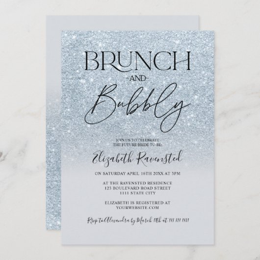 アイスブルーグリッターシックなブランチのバーブリーブライダルシャワー 招待状 (正面/裏面)