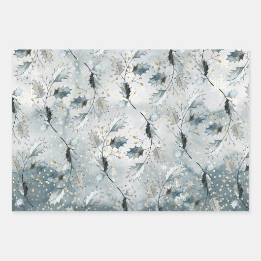 アイスブルーグレーウィンターホリーベリーゴールデンスノーフォール ラッピングペーパーシート (正面3)