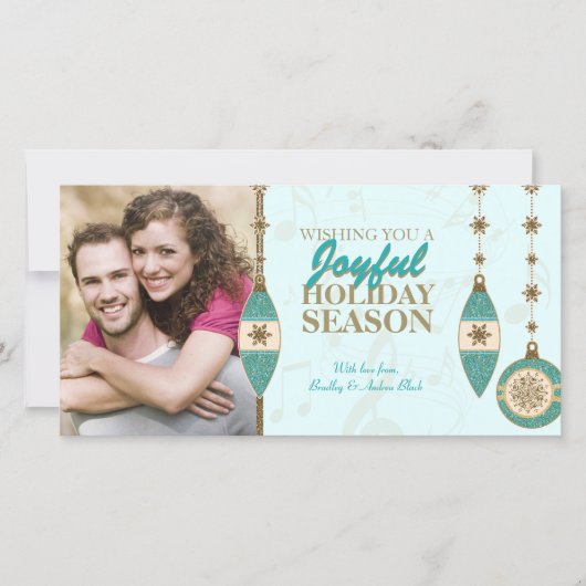 アイスブルーゴールドツリーオーナメント クリスマスフォトカード シーズンカード (正面)