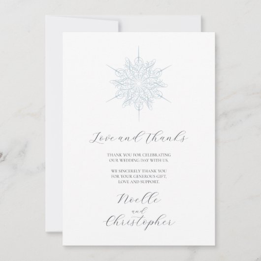 アイスブルースノーフレークエレガントウィンターウェディング サンキューカード (正面)