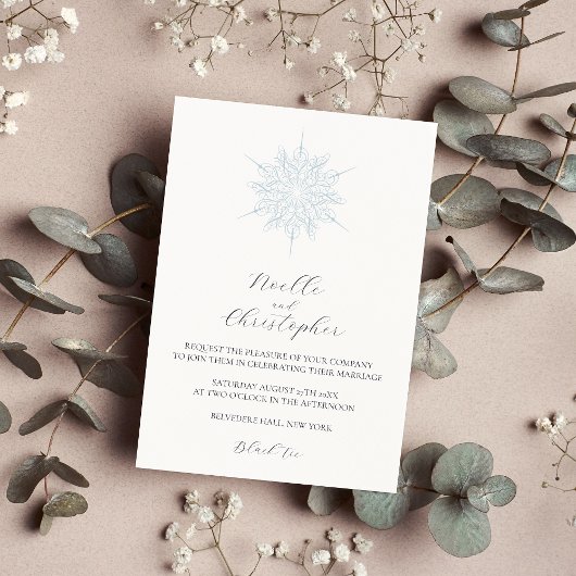 アイスブルースノーフレークエレガントウィンターウェディング 招待状