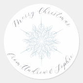 アイスブルースノーフレークメリークリスマスの名前 ラウンドシール (正面)