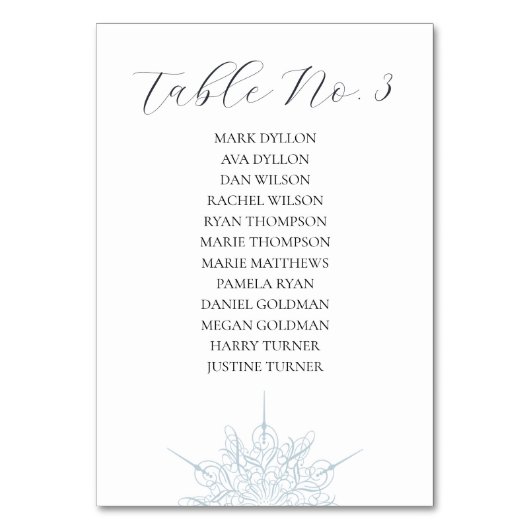 アイスブルースノーフレーク冬のウェディングシート テーブルナンバー (裏面)