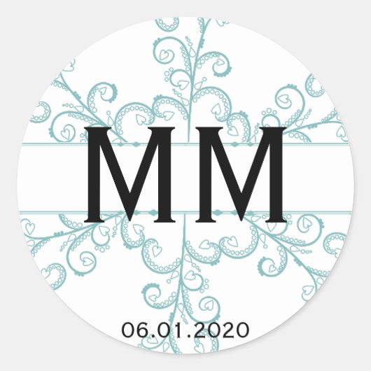 アイスブルーハートスノーフレークモノグラムステッカー ラウンドシール (正面)
