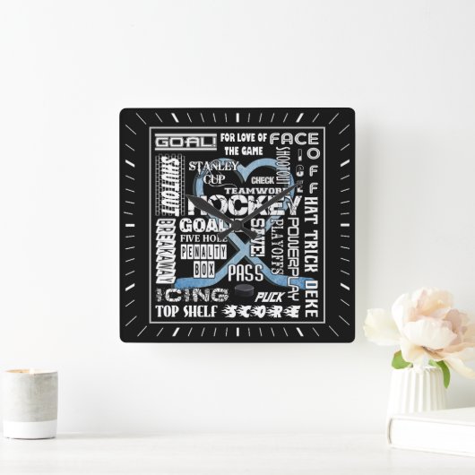 アイスブルーハートホッケーワードホワイトロゴ スクエア壁時計 (ホーム)