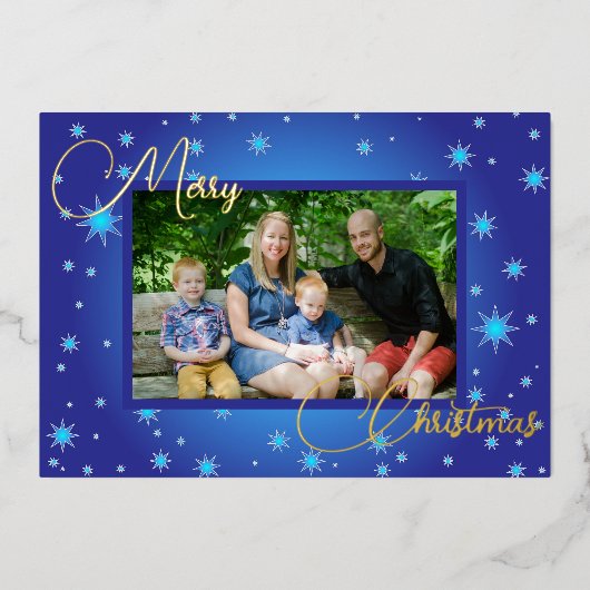 アイスブルーファミリーフォトクリスマスグリーティング 箔シーズンカード (正面)