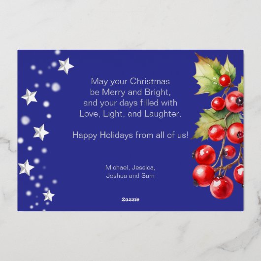 アイスブルーファミリーフォトクリスマスグリーティング 箔シーズンカード (裏面)