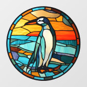 アイスブルーペンギンの夕焼けの模造ステンドグラス ウィンドウサイン (シート)