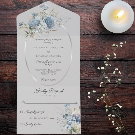 アイスブルーボヘミアン淡い色の花オングレー オールインワン招待状