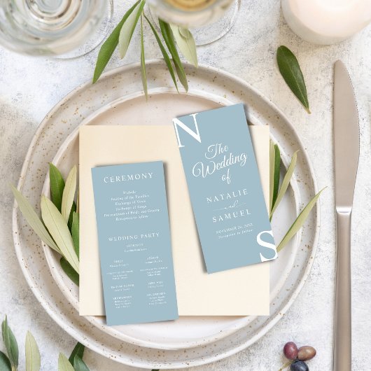 アイスブルーミニマリストはっきりしたイニシャル結婚式 プログラム