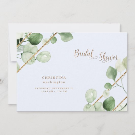 アイスブルーユーカリ金ゴールド文字ブライダルシャワー 招待状 (正面)