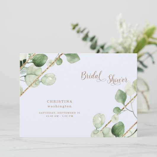 アイスブルーユーカリ金ゴールド文字ブライダルシャワー 招待状 (スタンド正面)