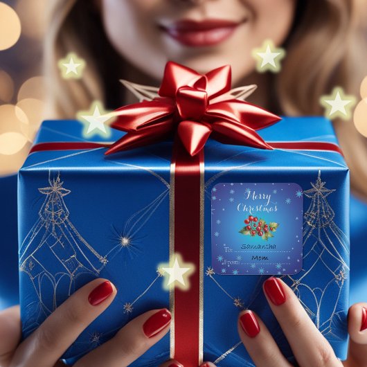 アイスブルー赤いホリーベリーメリークリスマス スクエアシール