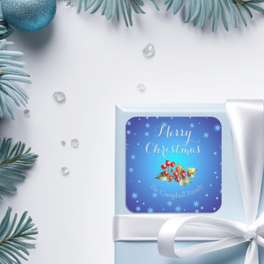 アイスブルー赤いホリーベリーメリークリスマス スクエアシール