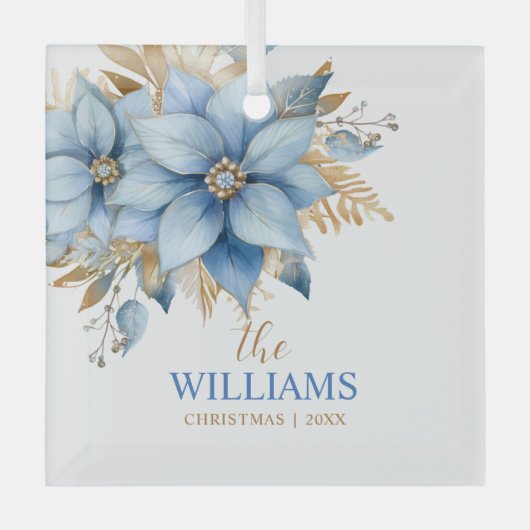 アイスブルー金ゴールドポインセチア花クリスマスツリー ガラスオーナメント (正面)