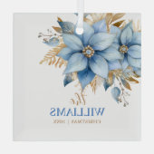 アイスブルー金ゴールドポインセチア花クリスマスツリー ガラスオーナメント (裏面)