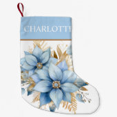 アイスブルー金ゴールドポインセチア花クリスマス スモールクリスマスストッキング (正面)