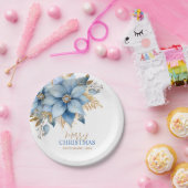 アイスブルー金ゴールドポインセチア花クリスマス ペーパープレート (パーティー)