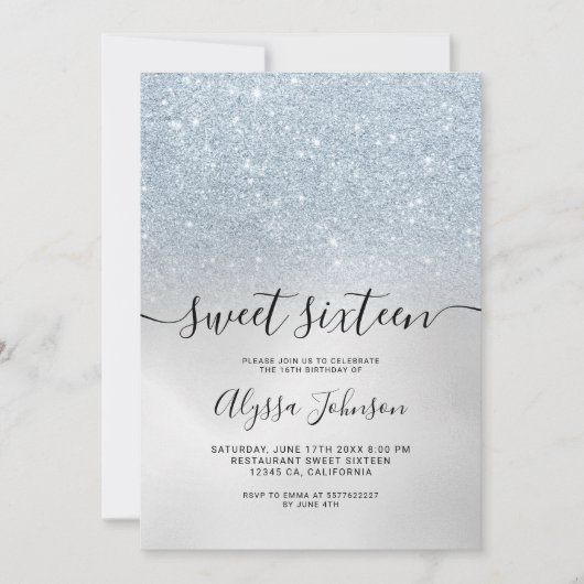 アイスブルー銀グリッターホログラフィックフォト甘い16 招待状 (正面)