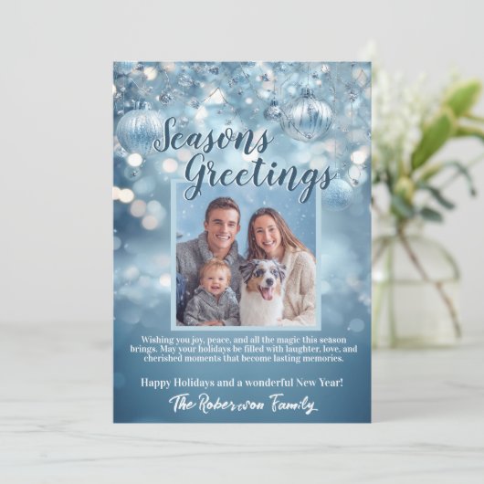 アイスブルー雪のスパークルファミリーフォトホリデーカード シーズンカード (スタンド正面)