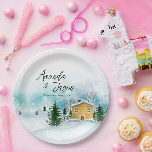 アイスブルー雪の風景の冬の結婚式パーティー ペーパープレート (パーティー)