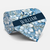 アイスブルー・ホワイト・ゴールドの花柄 ネクタイ (ロール)