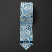 アイスブルー・ホワイト・ゴールドの花模様 ネクタイ