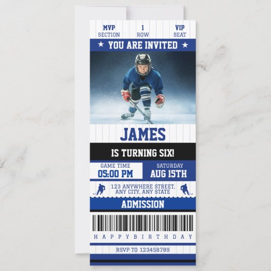 アイスホッキーをテーマにしたスポーツチケット誕生日パーティー 招待状 (正面)