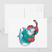 アイスホッケーでスティックとヘルメットを装備したサメ ポストカード (正面/裏面)