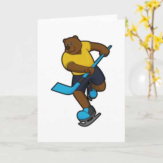 アイスホッケーのアイスホッケースティックを持つクマ カード (黄色い花)