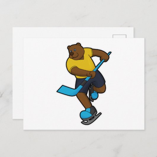 アイスホッケーのアイスホッケースティックを持つクマ ポストカード (正面/裏面)