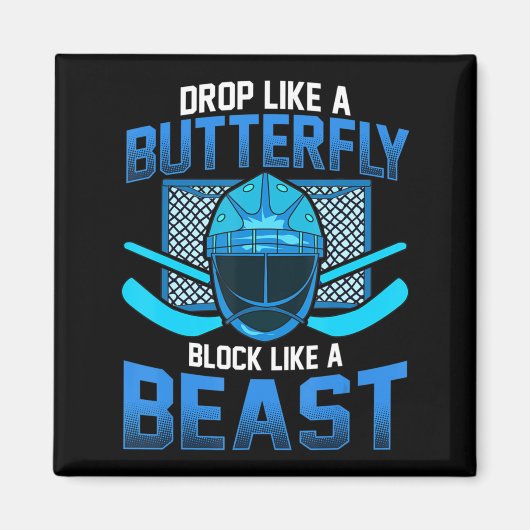 アイスホッケーのゴアリーが蝶ブロックのように落ちる マグネット (正面)