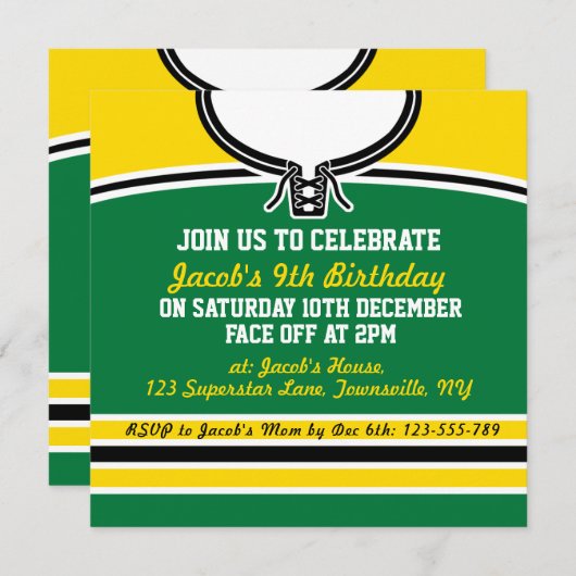 アイスホッケーのジャージーのテーマのパーティーはテンプレートを誘います 招待状 (正面/裏面)