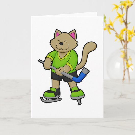 アイスホッケーのスティックを持った猫 カード (黄色い花)