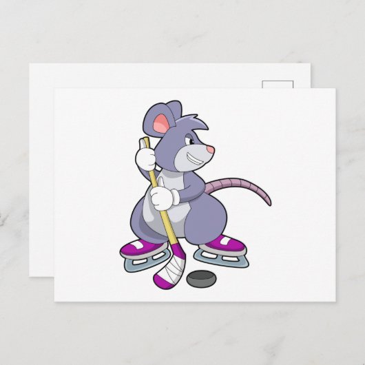 アイスホッケーのスティックを持つマウス ポストカード (正面/裏面)