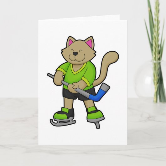アイスホッケーのスティックを持つ猫 カード (正面)