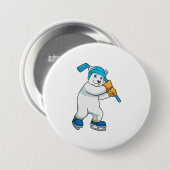 アイスホッケーのホッキョクグマ、スティック付き 缶バッジ (正面&裏面)