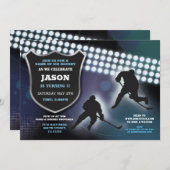 アイスホッケーの誕生会はリンクのゲームの男の子を遊ばします 招待状 (正面/裏面)