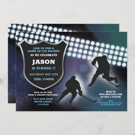 アイスホッケーの誕生会はリンクのゲームの男の子を遊ばします 招待状 (正面/裏面)