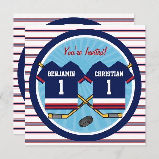 アイスホッケーはジャージーV2の第1誕生会を結び付けます 招待状 (正面/裏面)