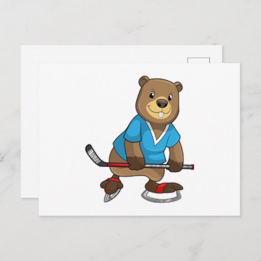アイスホッケーをしているビーバーとアイスホッケーのスティック ポストカード (正面/裏面)