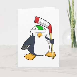 アイスホッケーをしているペンギンとアイスホッケーのスティック カード