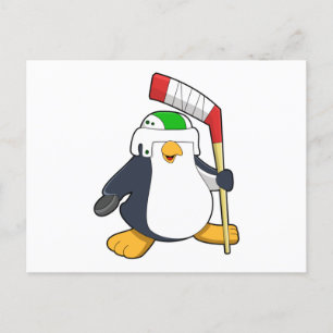 アイスホッケーをしているペンギンとアイスホッケーのスティック ポストカード