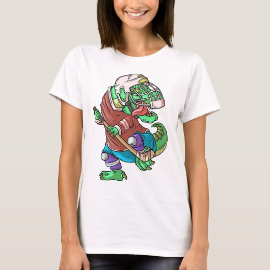 アイスホッケーを持つ恐竜の子供T-レックス Tシャツ (正面)