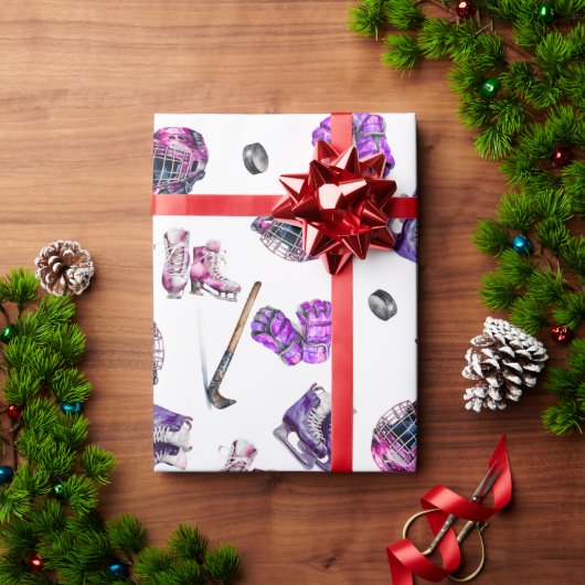 アイスホッケーアイスホッケースケートで滑るガールズピンクパープル ラッピングペーパー (クリスマスギフト)