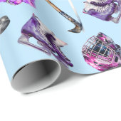 アイスホッケーアイスホッケースケートで滑るガールズピンクパープル ラッピングペーパー (ロールコーナー)