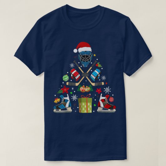 アイスホッケーオーナメントクリスマスツリーハッピーホッキーデイ Tシャツ (デザイン正面)