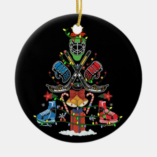 アイスホッケークリスマスオーナメントツリーおもしろいクリスマスギフト セラミックオーナメント (正面)