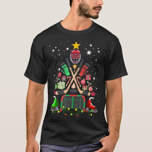 アイスホッケークリスマスツリーおもしろいクリスマスパジャマホッケー Tシャツ (正面)