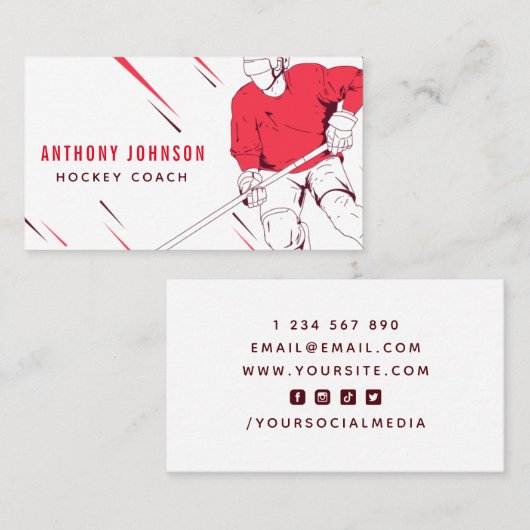 アイスホッケーコーチインストラクターレッドソーシャルメディアクール 名刺 (正面/裏面)